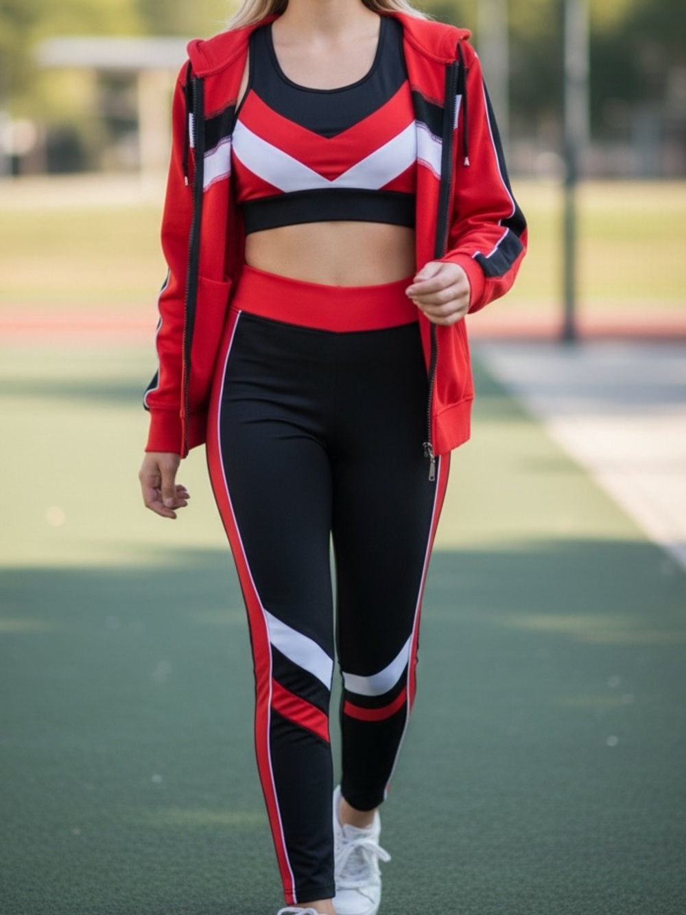 3-Piece Athletic Set - Color-Block High-Waist Leggings, Sports Bra & Jacket